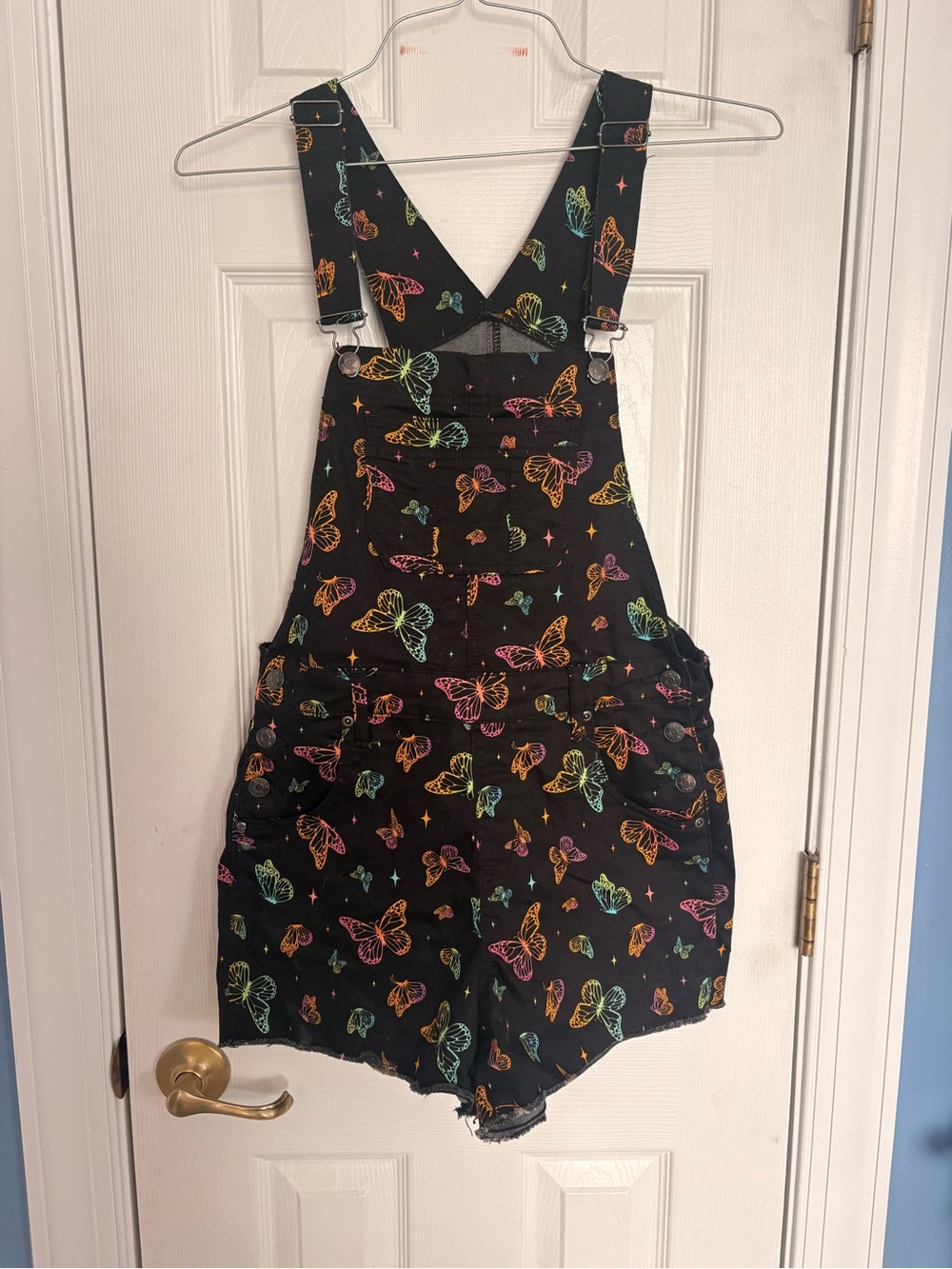 Hot Topic Black Short Overalls with Neon Butterfly Print